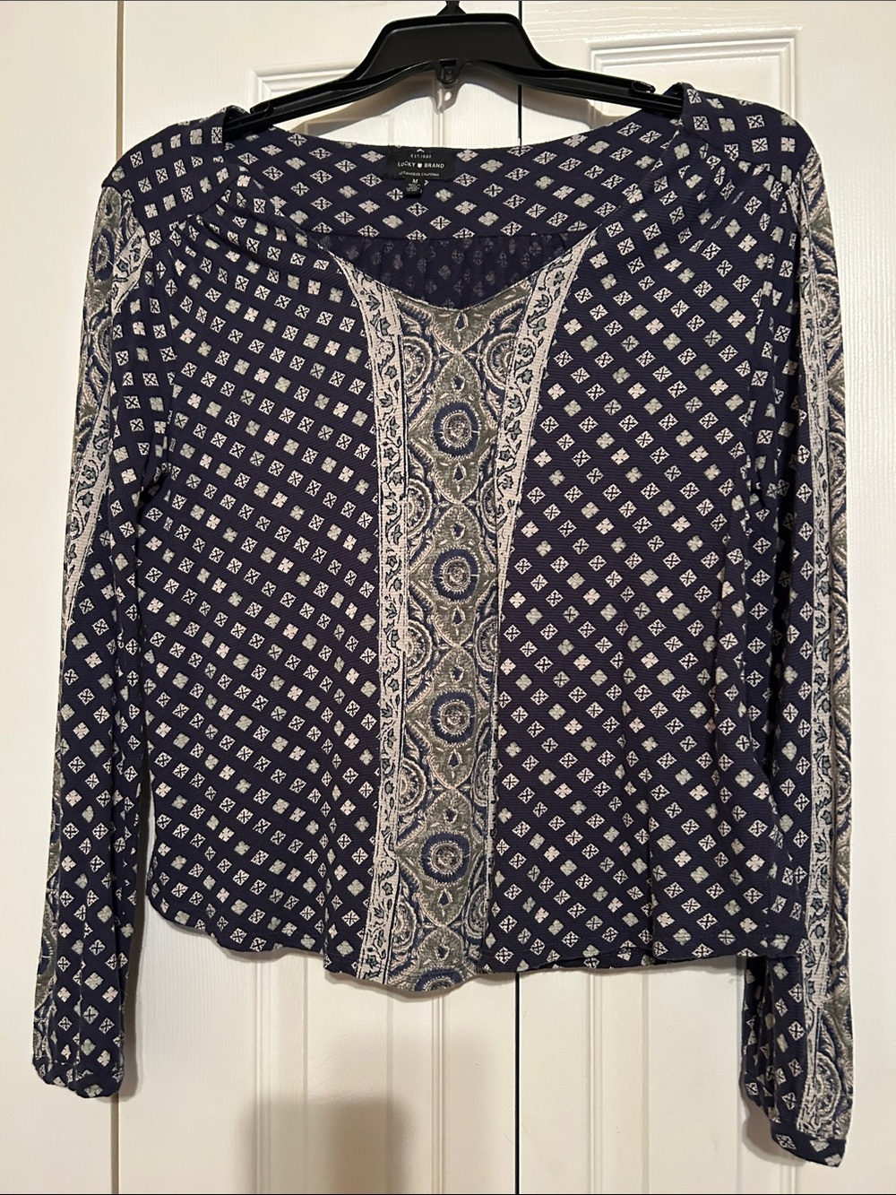 Lucky Brand Navy and White Printed Long-Sleeve Top